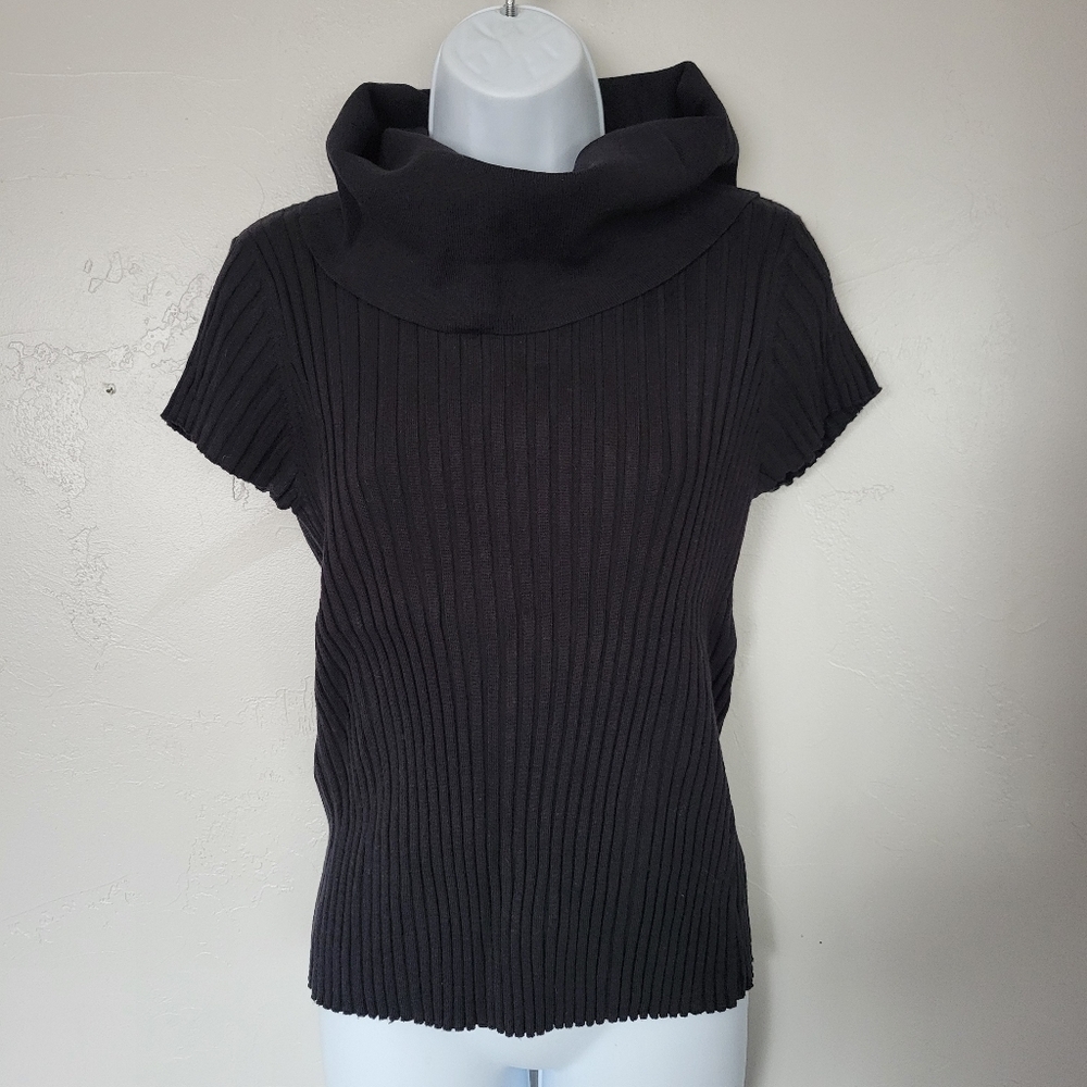 Hillard & Hanson Women's Large Black Short Sleeve Ribbed Turtleneck Blouse Top